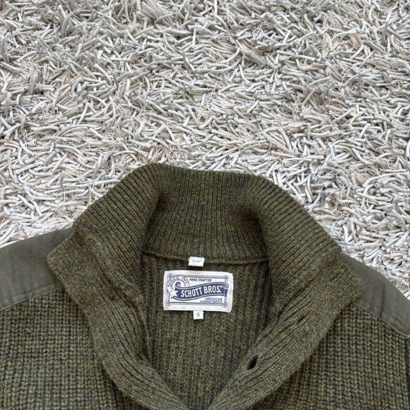 Schott Bros Sweater Wool Patch Fisherman Knit Green/Military Sz Small - Picture 7 of 10